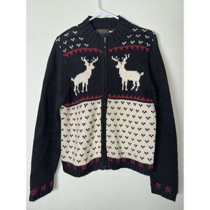 Woolrich Nordic Reindeer Zip-Up Sweater Winter Holiday Cardigan‎ Black & White